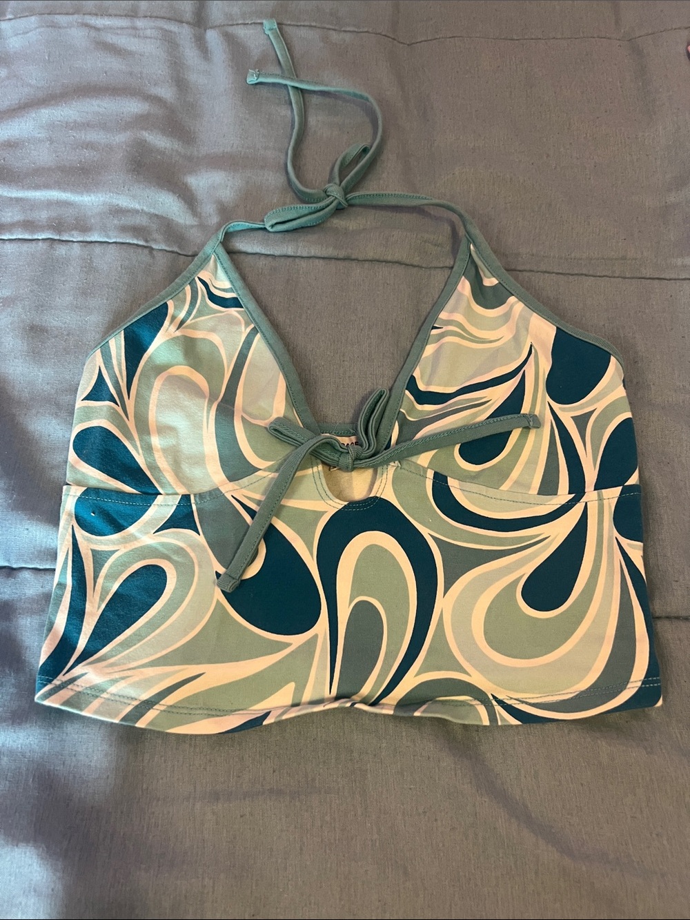 Garage Teal, Seafoam & White Swirl Halter Crop Top